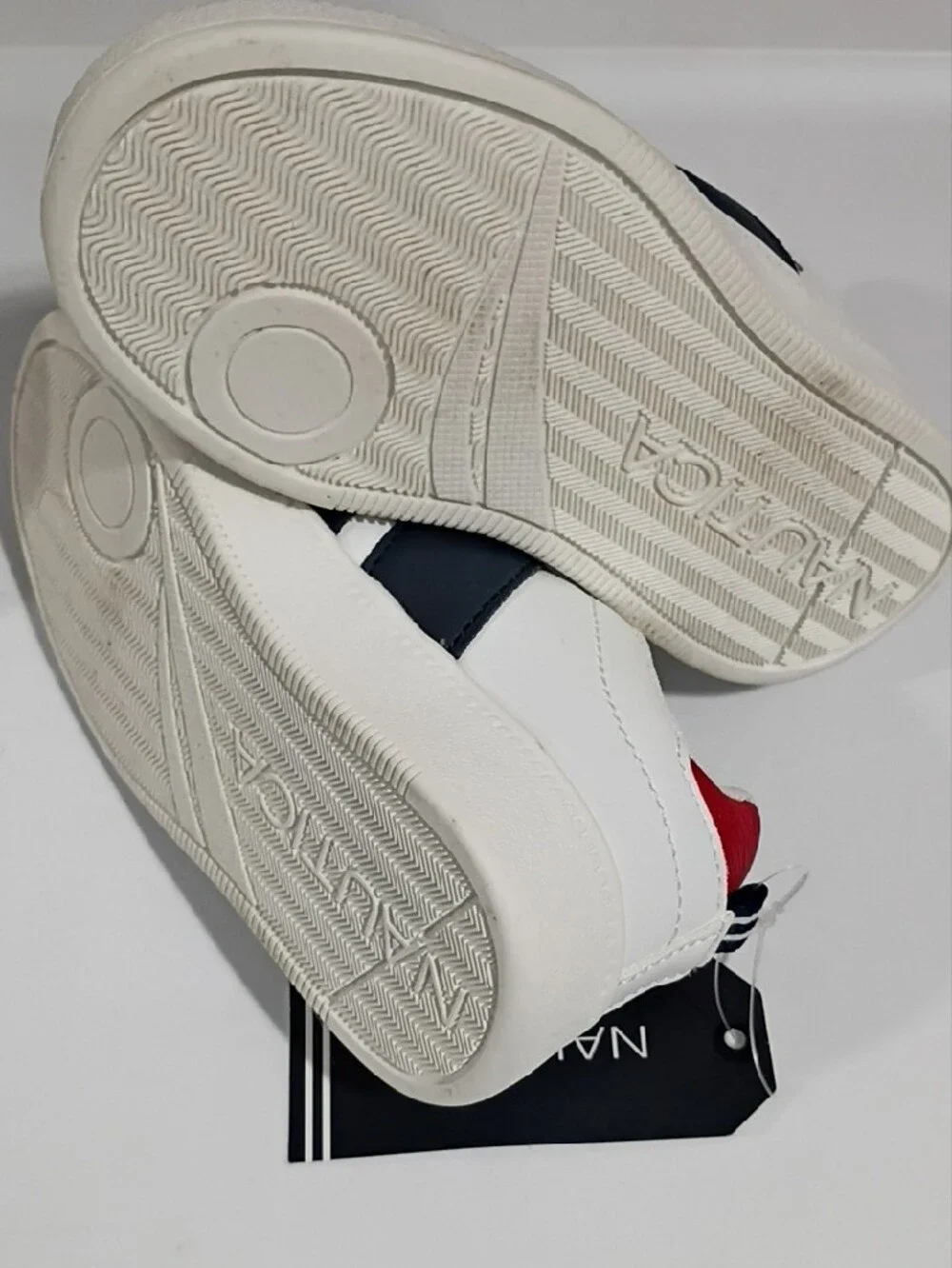 NAUTICA Kids White Sneakers with Navy Stripes and Red Heel Trim - SIZE 6 Toddler